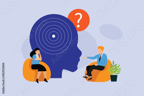 Psychotherapy and Counseling Concept with Patient and Therapist discussing Mental Health 2d flat vector illustration