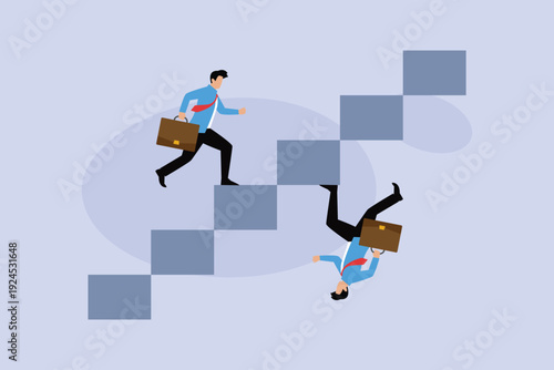 Success and Failure with Businessmen Climbing and Falling from Block Stairs 2d flat vector illustration