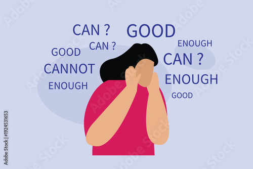 Woman Covering Ears Overwhelmed by Negative Self-Talk and Imposter Syndrome Concepts 2d flat vector illustration