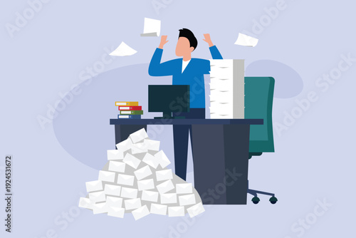 Stressed Businessman Overwhelmed by Huge Pile of Emails and Paperwork in Office Setting 2d flat vector illustration