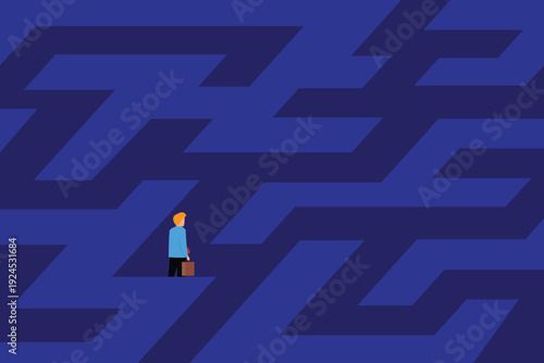Businessman Standing in Front of a Giant Dark Blue Maze Representing Career Challenges 2d flat vector illustration
