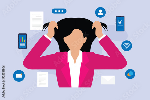Stressed Businesswoman Overwhelmed by Digital Notifications and Workplace Information Overload 2d flat vector illustration