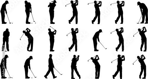 Golf player vector illustration set, black and white athlete silhouettes, swinging putting poses, professional sport action collection, minimal solid design style