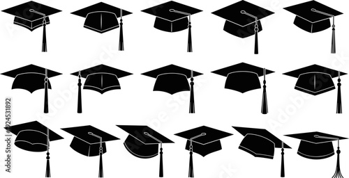 Graduation cap silhouettes collection, academic mortarboard icons set, education success symbols vector illustration, university and school ceremony elements, black and white design