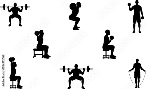 Gym workout silhouettes collection, male athletes lifting weights with barbells and dumbbells, bodybuilding exercises set, fitness training icons, isolated vector illustration elements, skipping rope
