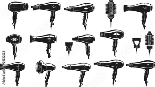Hair dryer silhouettes collection, salon styling tools and attachments, professional beauty appliances with nozzles and brushes, black vector illustration set for haircare design