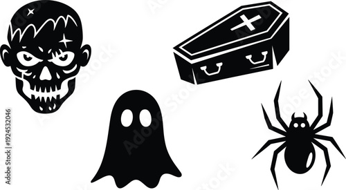 Halloween spooky icons collection with zombie face, ghost, spider, and coffin black silhouette vector illustration for horror night decoration design