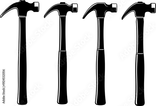 Hammer silhouette set showing different tool designs, black isolated vector illustration for construction, carpentry, repair work, hardware concepts, and industrial equipment design