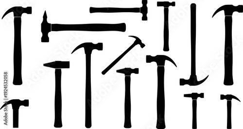 Hammer silhouette vector set featuring carpentry, construction, and woodworking tools, black hand tool icons collection for industrial design, repair services, and hardware branding