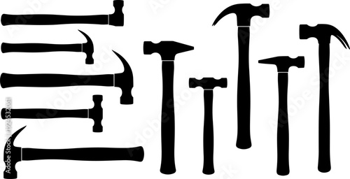 Hammer silhouette vector set, construction and carpentry tools collection, black hand tool shapes illustration, professional building equipment design