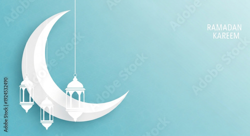 Ramadan kareem greeting card with crescent moon and lanterns on blue background for islamic holiday