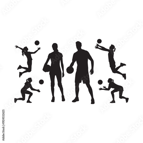 Silhouettes of basketball players in dynamic action poses against a white background