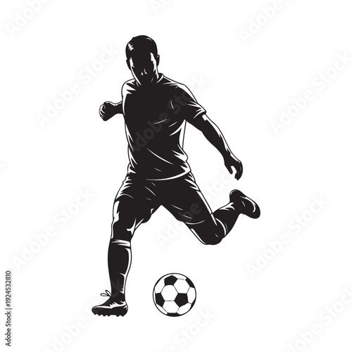 Silhouette of a soccer player kicking a ball against a white background
