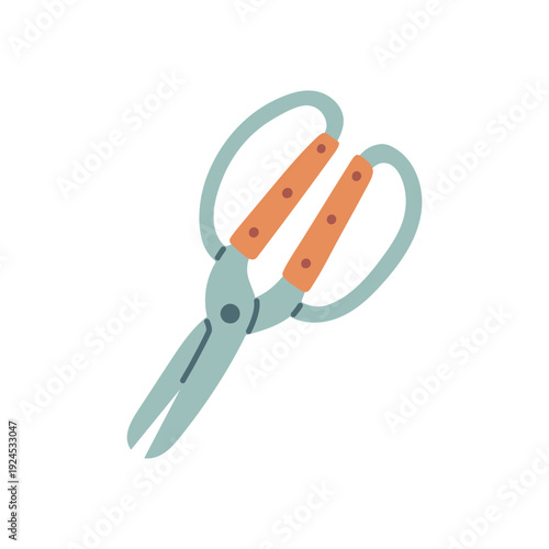 Flat vector garden scissors with pastel handles, isolated on white background. Ideal for gardening themes, spring design, tools icons, hobby graphics, DIY projects, and stock illustrations