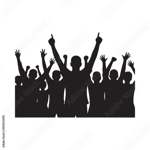 Silhouettes of a crowd raising their hands in celebration or support