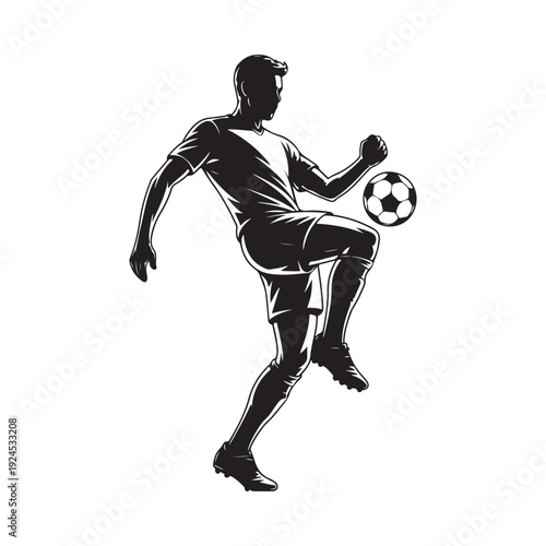 Soccer player silhouette dribbling a ball dynamic pose black and white illustration