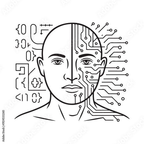Human head outline integrated with digital circuits and binary code elements