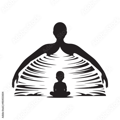 Silhouette of a person meditating with a smaller figure within representing inner peace