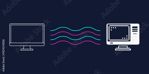 Computer icon comparison illustration. Modern minimalist computer icon on the left and pixelated 8-bit computer icon on the right. Bright neon lines form a connecting bridge between them.