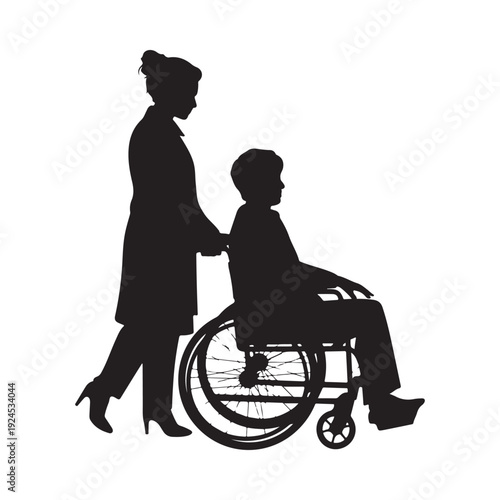 Silhouette of a woman assisting a young boy in a wheelchair
