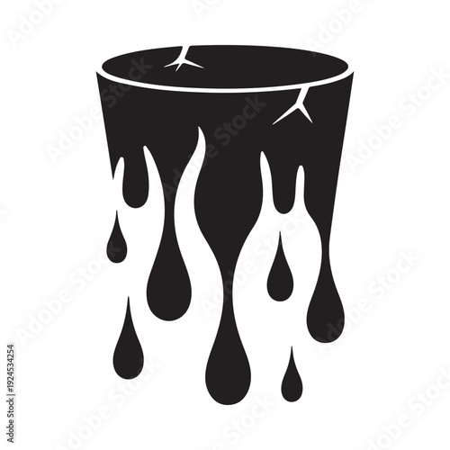 Black silhouette of a cracked glass with dripping liquid isolated on white