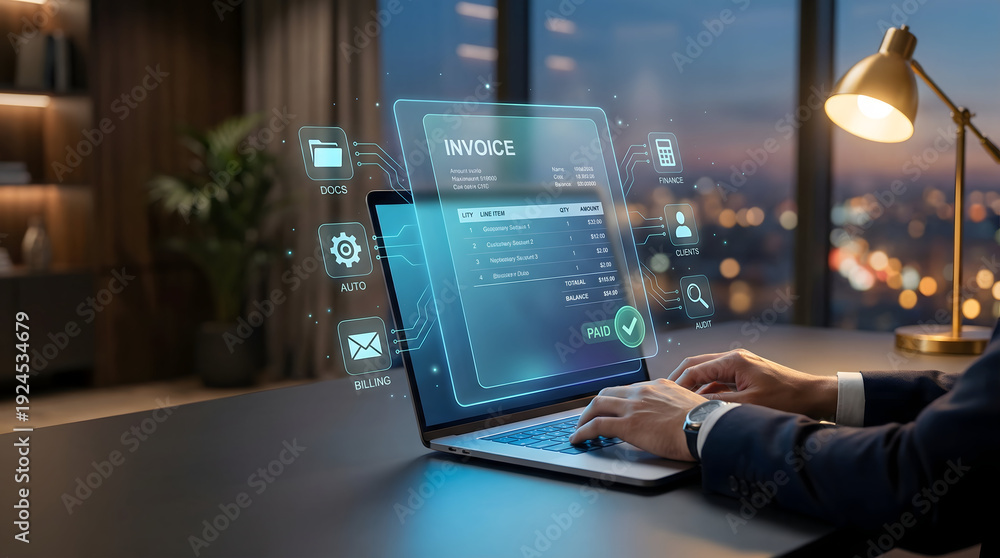 Fototapeta premium Digital Transformation in Finance Concept with Businessman and Virtual Invoice Dashboard