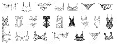 Women lingerie, bras, bralettes, tops, lace corsets, bustier, bodysuit and garter styles, vintage boudoir aesthetic, romantic bridal and everyday underwear