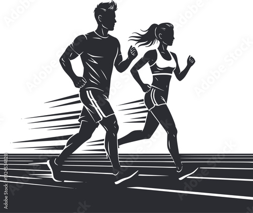 Running man and woman, isolated vector silhouettes. Run, side view. Silhouettes of athletic looking male and female runners running. Transparent background EPS version.