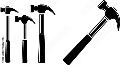 Hammer tool silhouettes vector illustration set, carpentry and construction hand tools icons collection, claw hammer designs isolated on white background, minimal industrial style