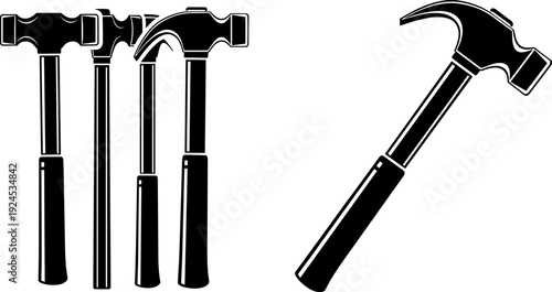 Hammer tool silhouette illustration set, construction and carpentry claw hammers collection, industrial hand tools design, black isolated vector for repair and building concepts