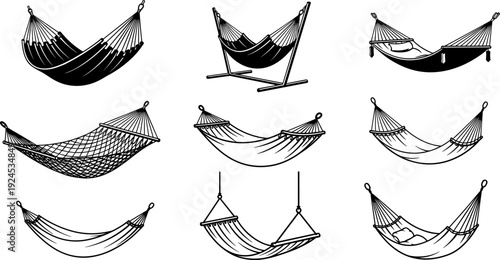 Hammock silhouettes collection, outdoor relaxation furniture in different styles, hanging beds with stands and ropes, black vector illustration set for camping, backyard, leisure design