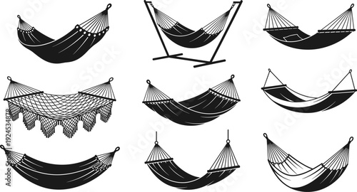 Hammock silhouettes vector illustration set, outdoor relaxation hanging beds collection, camping garden hammocks icons, leisure comfort equipment design elements