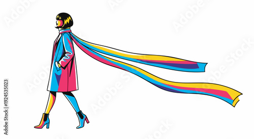 woman in colorful coat and scarf walking.