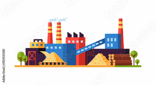 Colorful Wood Processing Plant Illustration.