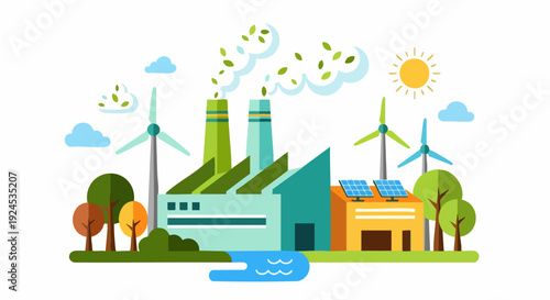 Sustainable energy production with wind turbines and solar panels powering a factory.