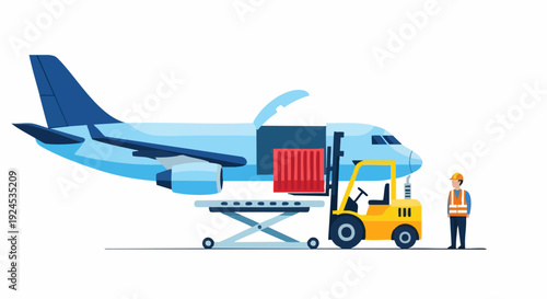 Cargo airplane being loaded with goods by a forklift and worker.