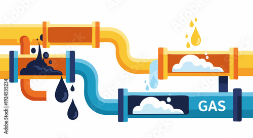 Damaged pipelines leaking oil and gas causing environmental pollution.