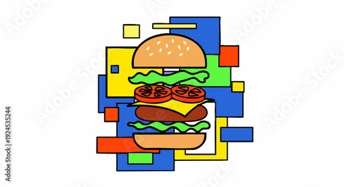 Colorful Burger Illustration with Geometric Background.