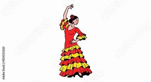 Flamenco Dancer in Traditional Red and Yellow Dress.