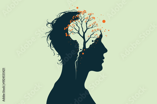 Head Silhouette with Blossoming Brain Tree: Child Trauma Therapy Growth, Mind Progress