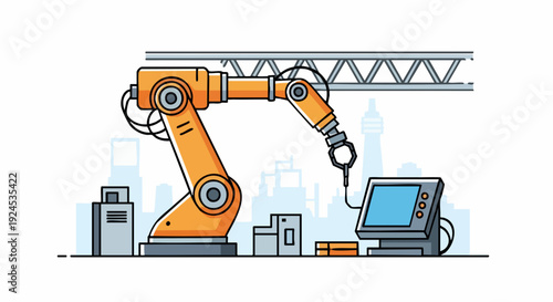 Industrial robotic arm with control panel and manufacturing equipment.