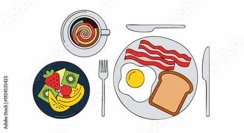 Delicious breakfast plate with fried egg bacon toast and fruits.