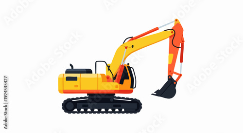Yellow excavator machine on tracks for construction work on white background.