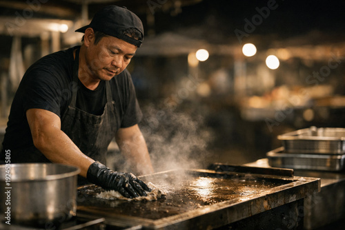 AI generated night market vendor cleaning cooking equipment after closing time showing dedication hygiene routine and quiet urban lifestyle after business hours