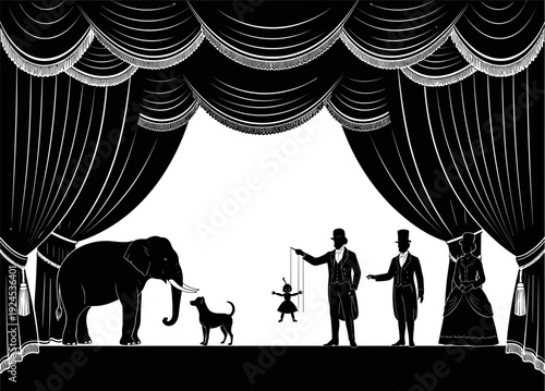 Vintage silhouette circus stage performance with elephant, dog, puppeteer, and elegant audience under dramatic theater curtains in classic Victorian style