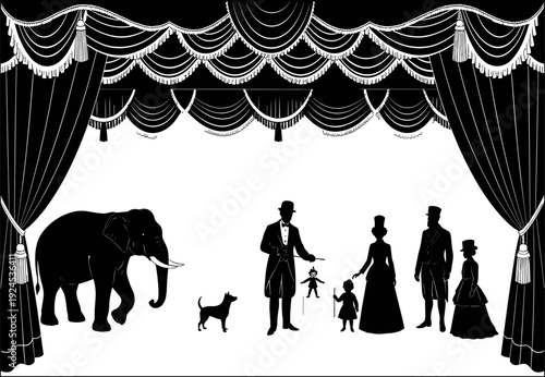 Vintage silhouette circus stage performance with elephant, dog, puppeteer, Victorian family, and ornate theater curtains creating a dramatic classic scene for illustration content