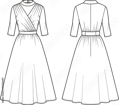 Vintage Style Pleated Bodice Wrap Dress, High Neck Collar and 3/4 Sleeves, A-Line Skirt, Women's Fashion Flat Sketch Vector