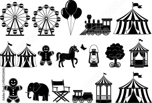 Whimsical carnival and circus themed vector illustration set featuring tents, ferris wheels, animals, decorations, and playful festive elements in detailed black silhouette style
