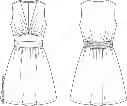 Women’s sleeveless V-neck romper fashion sketch, gathered bust, wide waistband, elastic back detail, technical flat illustration for apparel design template