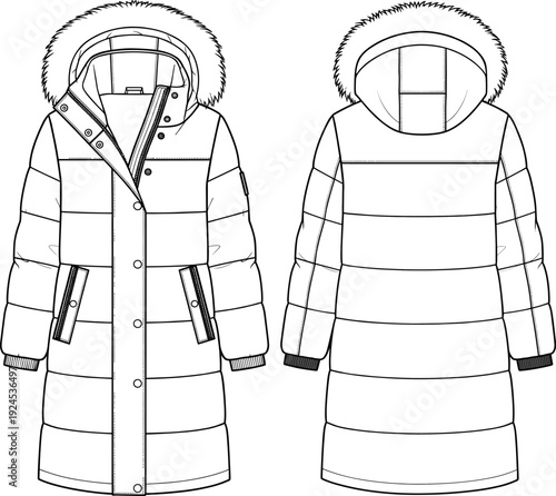 Women’s winter puffer parka flat sketch with hood, fur trim, technical fashion drawing, detailed front and back coat illustration for designers